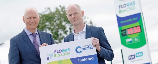 Minister of State at the Department of Environment, Climate and Communications Ossian Smyth TD and Managing Director of Flogas, John Rooney at the official opening of Bio-CNG Station