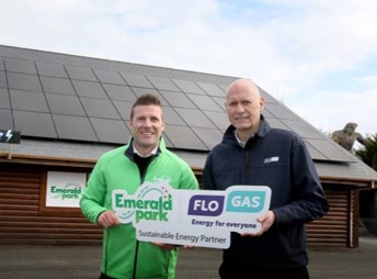 Charles Coyle, Managing Director of Emerald Park (left), and John Rooney, Managing Director at Flogas (right) at Emerald Park unveiled its new solar panel installation today.